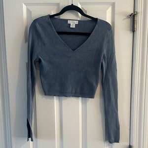 House of Harlow 1960 Ribbed Fitted Cropped Blue Knit with Flare Sleeves